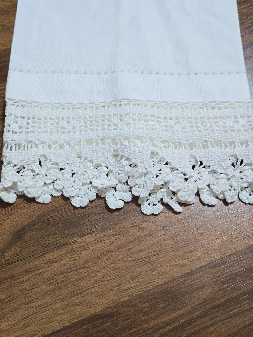 Pair Of Linen Embroidered Crochet Tea Towels